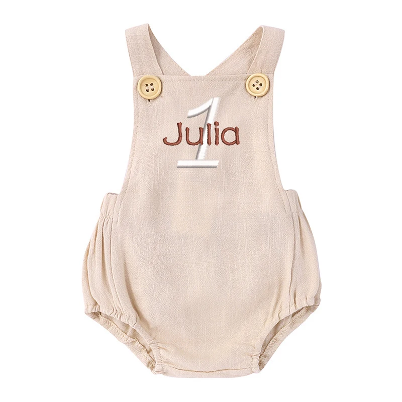 Name Embroidered 1st Birthday  - Baby Summer Linen Sleeveless Jumpsuit review and price